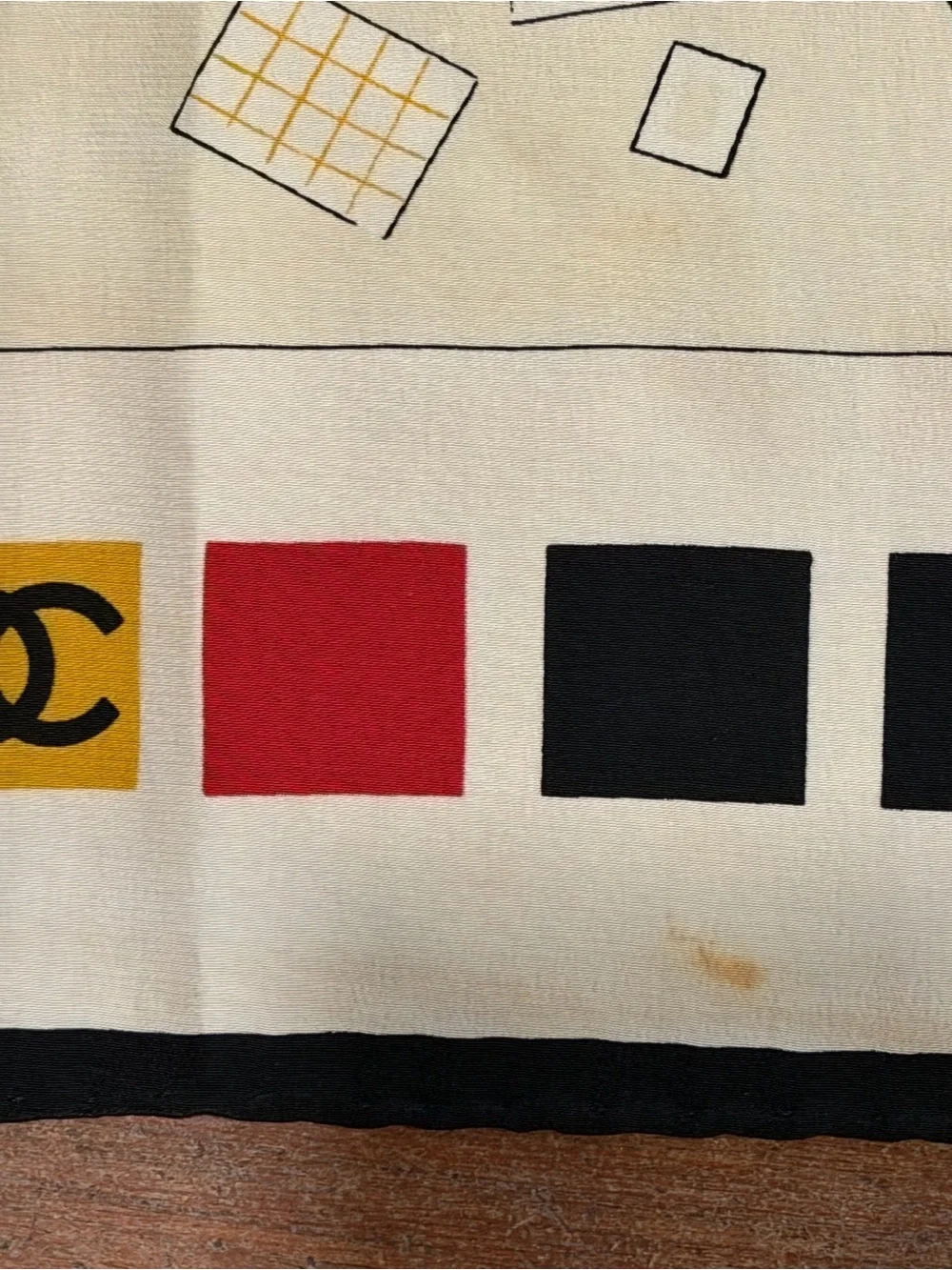 CHANEL Cream Silk Scarf with Red, Black & Yellow Motifs